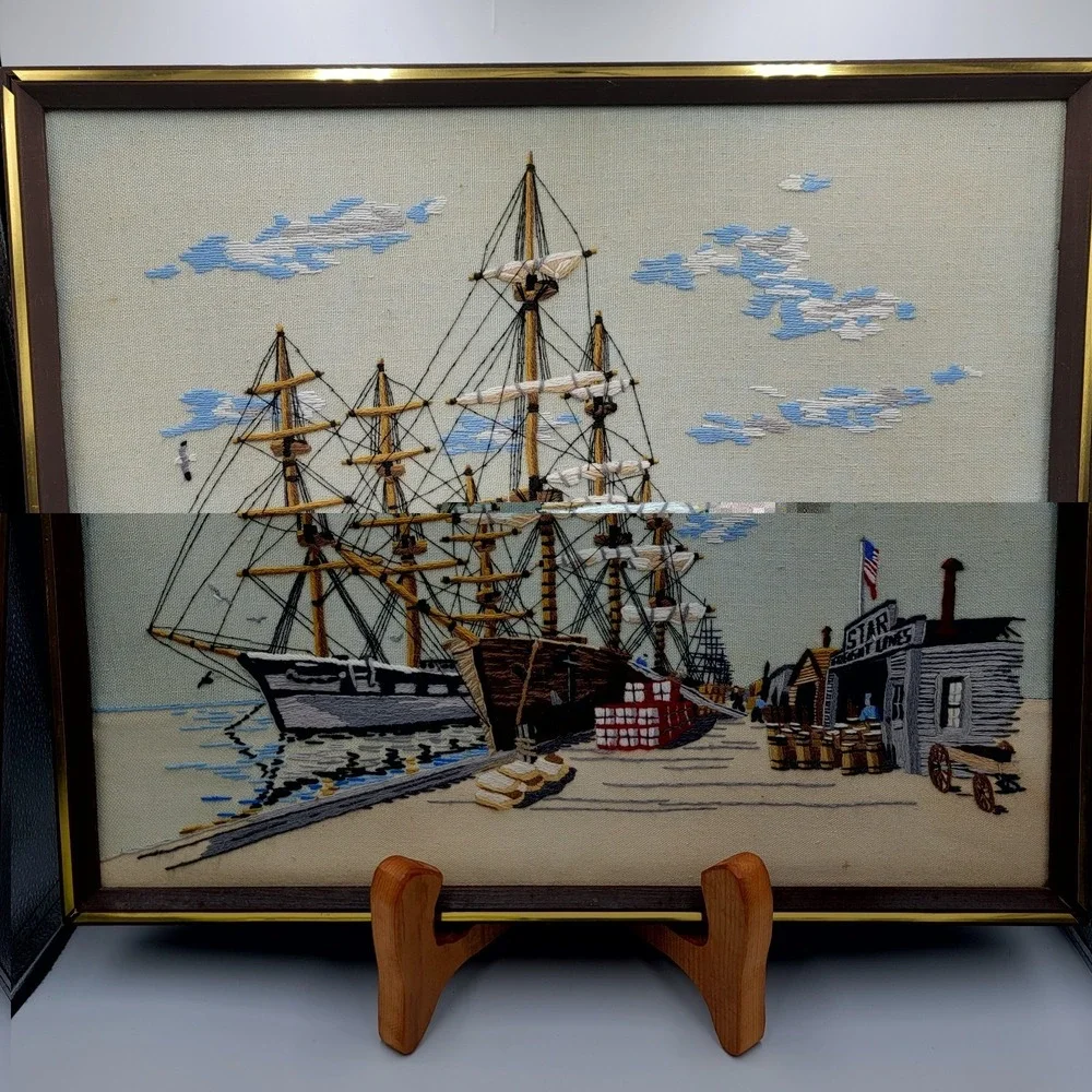 Vtg 70s Crewel Embroidery Harbor Scene Of Clipper Ship Framed Cottagecore Boho